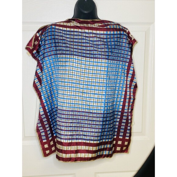 Vintage Glentex Nylon Scarf Plaid Stripe Blue Tan Burgundy - Picture 2 of 7